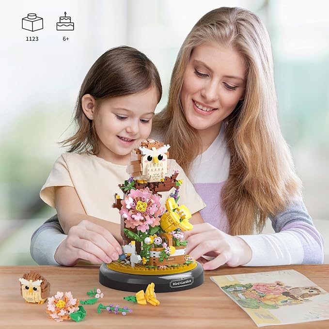 Owl Flower Bouquet Building Set for Adults, Animals Flowers Plants Decor with Dust Cover, Birthday Gift Building Toy for Boys Girls, 1123 PCS Mini Building Blocks, Not Compatible with Lego Set