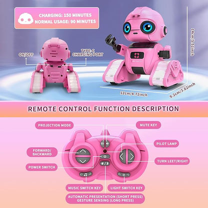 Robot Toys for Boys and Girls, Rechargeable Remote Control Robot with Auto-Demonstration, Light Projection, Dance Moves, Music, and Gesture Sensing –Toy Robot Gifts for 6+ year old Girls (Pink)