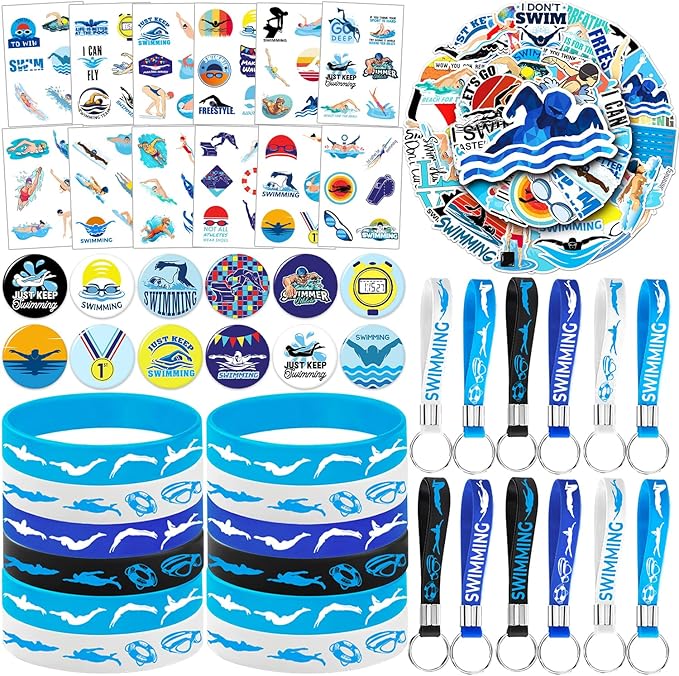 98 PCS Swimming Party Favors, Swimming Temporary Tattoos Badges Silicone Bracelets Stickers Keychains for Swimming Swim Team Sport Birthday Party Decorations Supplies Gifts for Swimmers Kids Teens