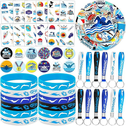 98 PCS Swimming Party Favors, Swimming Temporary Tattoos Badges Silicone Bracelets Stickers Keychains for Swimming Swim Team Sport Birthday Party Decorations Supplies Gifts for Swimmers Kids Teens