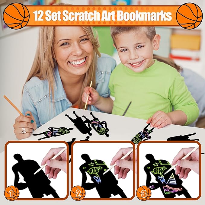 Basketball Party Favors Birthday Supplies 60pcs Buck Silicone Bracelets Punch Balloons Basketball Stress Ball Stamp Scratch Art Set For Kids Pinata Stuffer Boys Girls