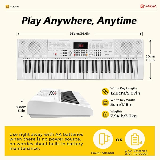 Vangoa Piano Keyboard for Beginners, VGK6101 61 Key Learning Keyboard Piano w/Lighted Keys, Electric Piano Keyboard with 600 Voices & 50 Demos, Stand/Microphone, USB, Record, Split for Students