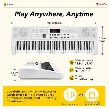 Vangoa Piano Keyboard for Beginners, VGK6101 61 Key Learning Keyboard Piano w/Lighted Keys, Electric Piano Keyboard with 600 Voices & 50 Demos, Stand/Microphone, USB, Record, Split for Students