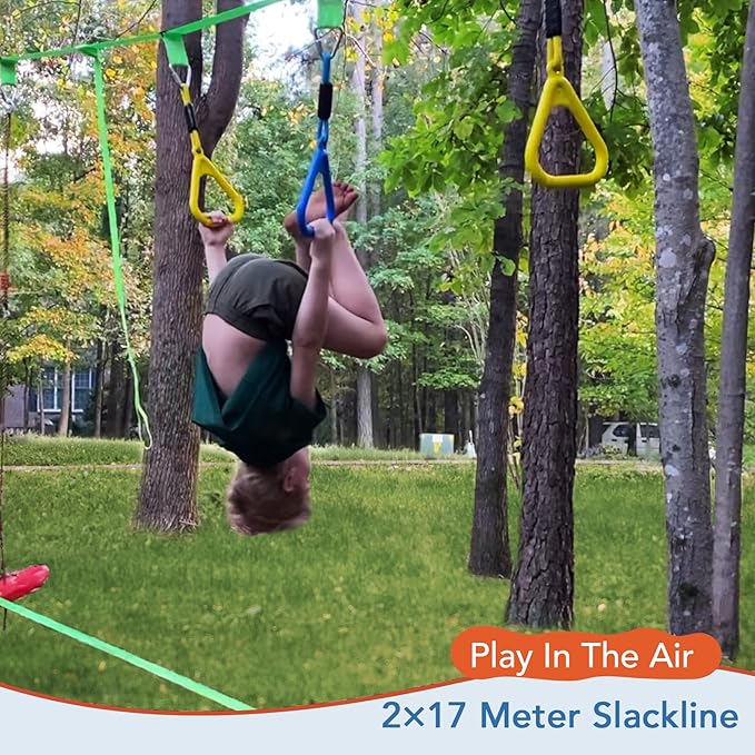 2-in-1 Ninja Warrior Obstacle Course with Zip Line for Kids & Adults, Transformable Backyard Slackline Kit, Outdoor Play Set with Swing, Climbing Obstacles & Flying Seat, Easy Setup, Heavy Duty
