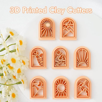 Puocaon Boho Landscape Clay Cutters - 8 Shapes Clay Cutters for Polymer Clay Jewelry Making, Sun Ray Polymer Clay Cutters for Earrings, Arch Clay Cutters Boho Mountain Scene Earrings Making Set