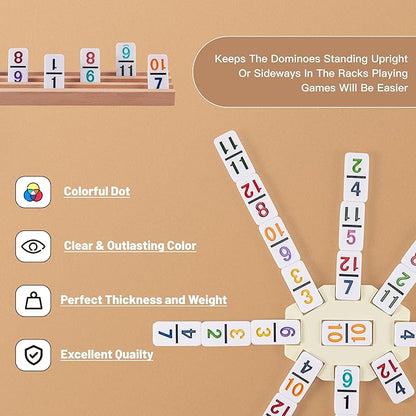 Mexican Train Dominoes Set with Numbers - Double 12 Colored Number Dominoes - Includes 91 Tiles with 9 Trains, 4 Wooden Trays and Storage Bag for 2-8 Players Ages 8+