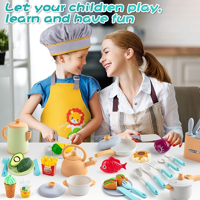 Sundaymot Play Kitchen Accessories Toddler Pretend Cooking Play Pots, with Apron, Toys Pots and Pans, Dishes Cookware Toys, Pre School Learning Educational Toys, Birthday Gifts for Boys and Girls