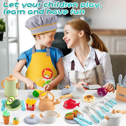 Sundaymot Play Kitchen Accessories Toddler Pretend Cooking Play Pots, with Apron, Toys Pots and Pans, Dishes Cookware Toys, Pre School Learning Educational Toys, Birthday Gifts for Boys and Girls