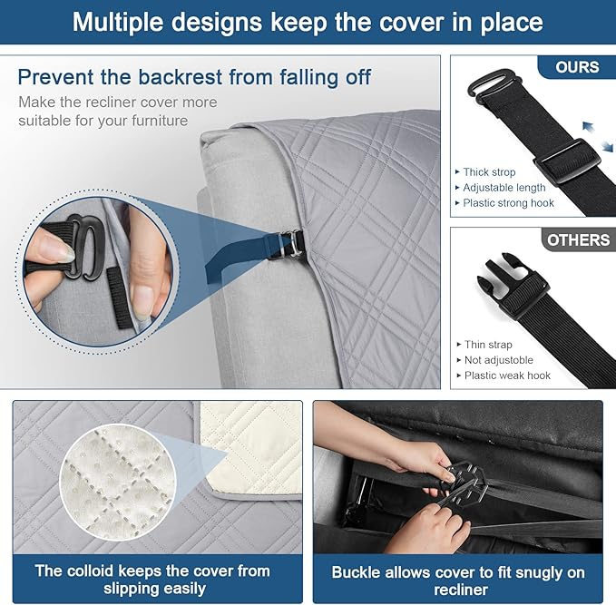 TAOCOCO 100% Waterproof Recliner Chair Cover with Double Straps, Oversized Recliner Covers for Large Recliner Chair, Non Slip Reclining Chair Cover for Kids, Pets(Oversized Recliner, Light Grey)