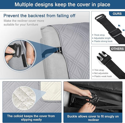 TAOCOCO 100% Waterproof Recliner Chair Cover with Double Straps, Oversized Recliner Covers for Large Recliner Chair, Non Slip Reclining Chair Cover for Kids, Pets(Oversized Recliner, Light Grey)