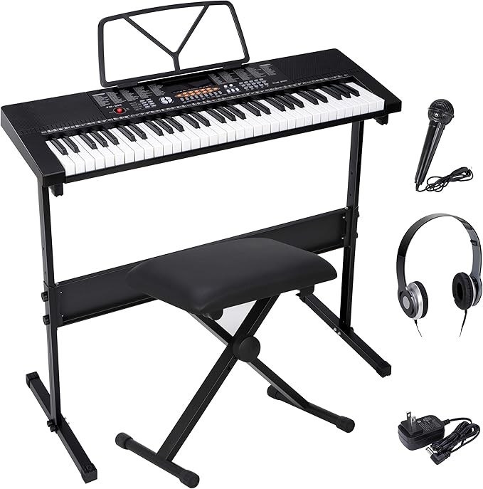 Saturnpower 61-Key Portable Electronic Keyboard Piano with Built In Speakers, Headphones, Microphone, Dual Power Supply, Piano Stand, Music Sheet Stand and Stool for Beginner (Kid & Adult) Black