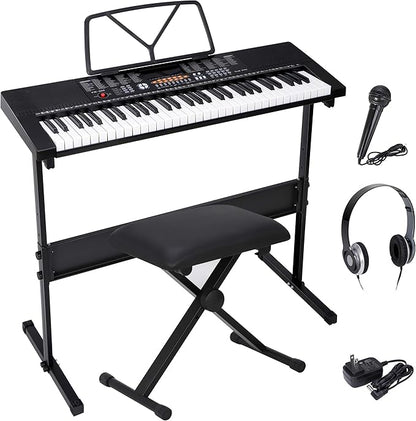 Saturnpower 61-Key Portable Electronic Keyboard Piano with Built In Speakers, Headphones, Microphone, Dual Power Supply, Piano Stand, Music Sheet Stand and Stool for Beginner (Kid & Adult) Black