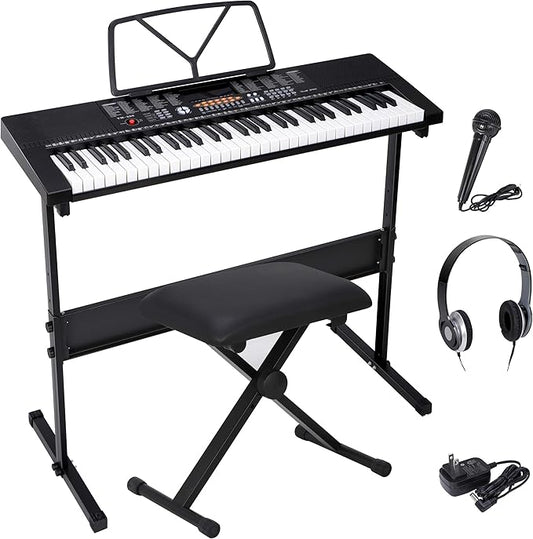 Saturnpower 61-Key Portable Electronic Keyboard Piano with Built In Speakers, Headphones, Microphone, Dual Power Supply, Piano Stand, Music Sheet Stand and Stool for Beginner (Kid & Adult) Black