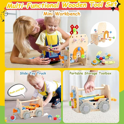 Kids Tool Set, Wooden Toddler Tools Bench Toys for 2 3 Year Old Boys Girls, Montessori Toys for Ages 2-4 STEM Educational Construction Toys for 3 4 5 Year Old Birthday Gift for Toddlers (52 PCS)