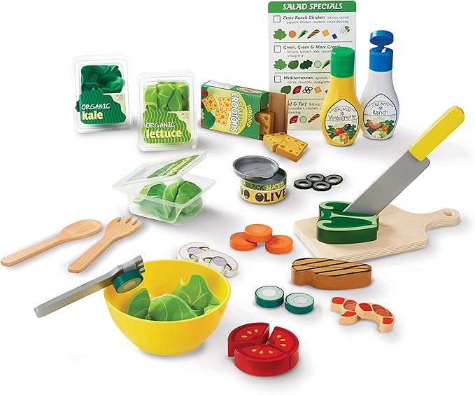 Melissa & Doug Slice and Toss Salad Play Set – 52 Wooden and Felt Pieces , Green - Pretend Food, Kitchen Accessories For Kids Ages 3+