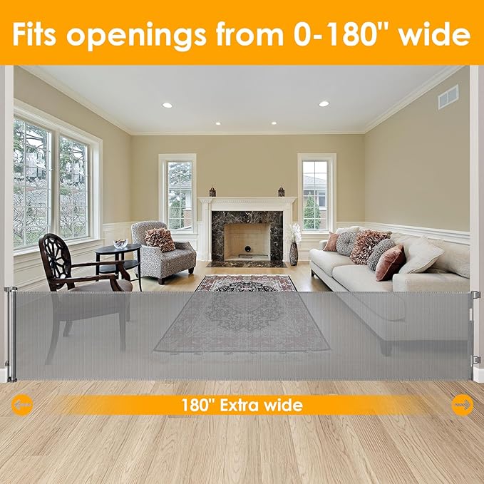 180 Inch Extra Wide Baby Gates for Large Openings Extra Long Retractable Dog Gate for Living Room, Kitchen, Dining Room, Bottom of Stairs, Doorway, Fireplace, Garage, Porch, Deck, Patio, Backyard