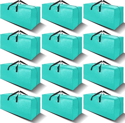 VELVETSURE 12 Pack Heavy Duty Large Moving Bags W/Backpack Straps - Strong Handles & Zippers, Storage Totes For Space Saving, Fold Flat, Alternative to Moving Box and Storage Bin, Aquamarine