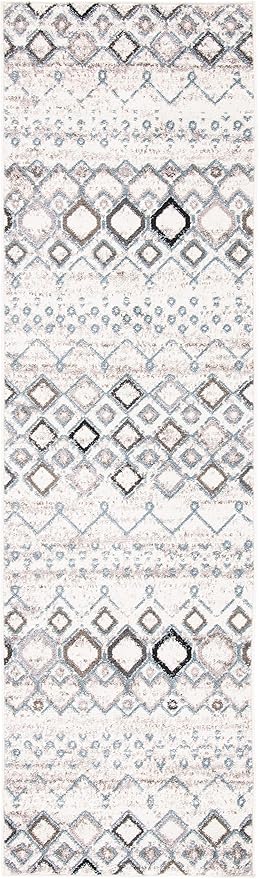 SAFAVIEH Amsterdam Collection Runner Rug - 2'3" x 18', Ivory & Grey, Moroccan Boho Design, Non-Shedding & Easy Care, Ideal for High Traffic Areas in Living Room, Bedroom (AMS108A)