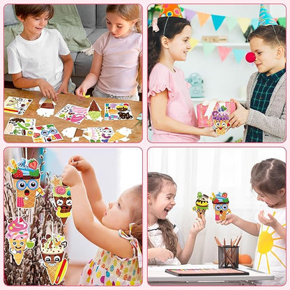 BeYumi Ice Cream Craft Kit - 123Pcs Summer Make Your Own Ice Cream Stickers Craft for Kids Summer DIY Waffle Cone Art Sticker Set School Classroom Home Game Fun Activities Art Supplies Decor