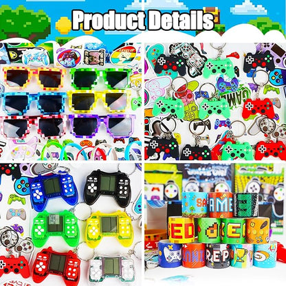 125Pcs Video Game Party Favors for Kids, with Goodie Bag Stuffers Includ Arcade Video Game Keychain Glasses Bracelets Stamps Tattoos Stickers etc, for Kids Boys Girls Birthday Party Favor Supplies