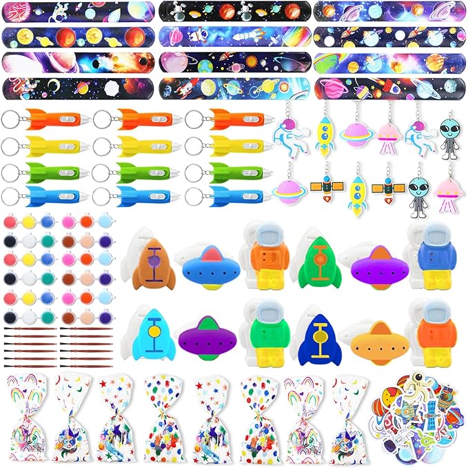 146 pcs Space Party Favors, Hands Slap Bracelets Rocket Keychains Sticker, Space Themed Toys for Kids Painting Kit, Galaxy Theme Bag Fillers for Classroom Prizes Birthday Kids Gift