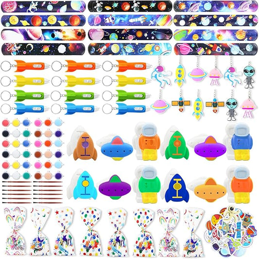 146 pcs Space Party Favors, Hands Slap Bracelets Rocket Keychains Sticker, Space Themed Toys for Kids Painting Kit, Galaxy Theme Bag Fillers for Classroom Prizes Birthday Kids Gift