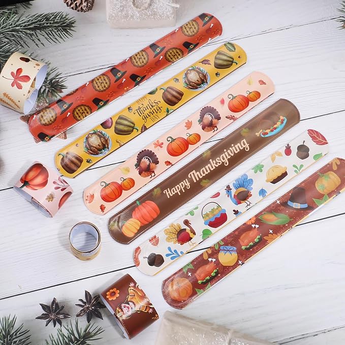 40PCs Thanksgiving Slap Bracelets for Kids with Thanksgiving Tattoo, Turkey Pumpkin Autumn Maple Leaf Snap Band for Fall Party Favors Decor