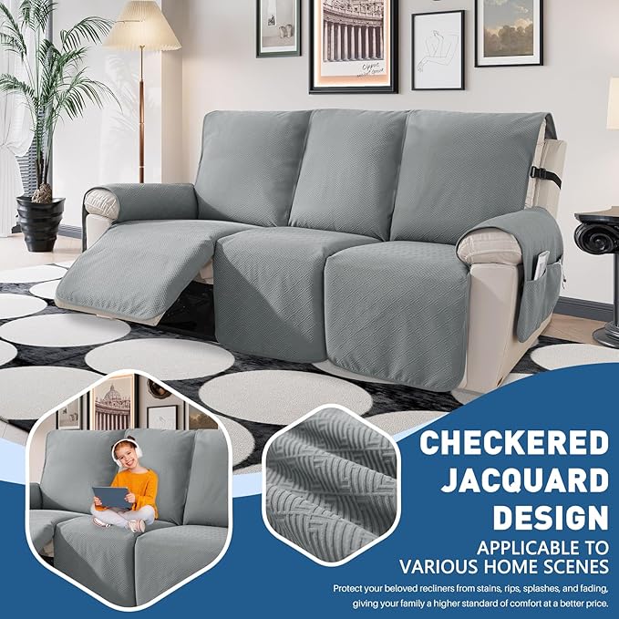 Easehomey Waterproof Recliner Sofa Cover Non-Slip couch cover recliner sofa 3 section with Elastic Band Two Pockets, Washable Couch Covers Furniture Protector for Kids,Dogs (Light Grey, Recliner Sofa)