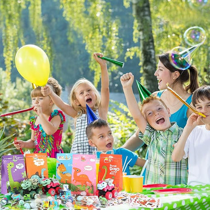 LiYiQ 84 Pcs Dinosaur Party Favors included Mini Hatching Dinosaur Eggs Mini Dinosaur Pull Back Cars Slap Bracelets Make Your Own Dinosaur Stickers and Gifts Bags for Dinosaur Birthday Party Supplies