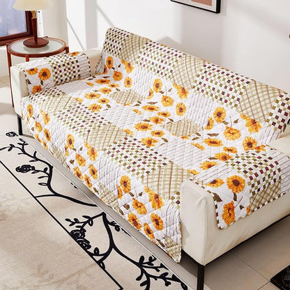 EVENHUG Sofa Cover for 3 Cushion Couch Patchwork Floral Sofa Slipcover Washable 3 seat Couch Cover Furniture Protector Cover with Elastic Straps for Pets Kids Dog Cat (Sofa,Yellow)