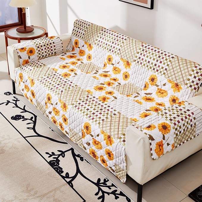 EVENHUG Loveseat Sofa Cover Patchwork Floral Sofa Slipcover Washable Couch Cover 2 Cushion Sofa Furniture Protector Cover with Elastic Straps for Pets Kids Dog Cat (Loveseat,Yellow)