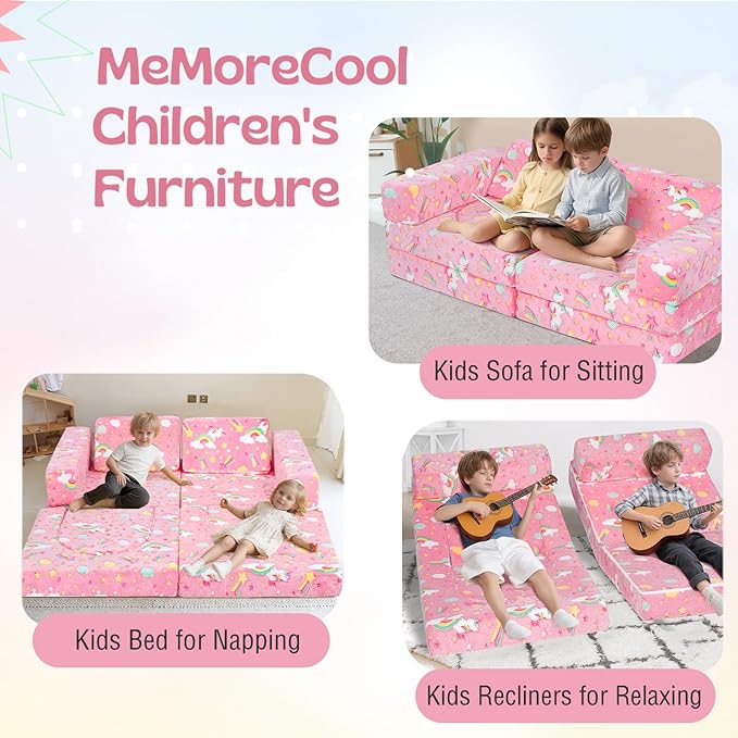 MeMoreCool Toddler Couch, 10-Piece Modular Play Sofa for Playroom, Fold Out Kids Couch for Girl Boy, Glow Colorful Unicorn