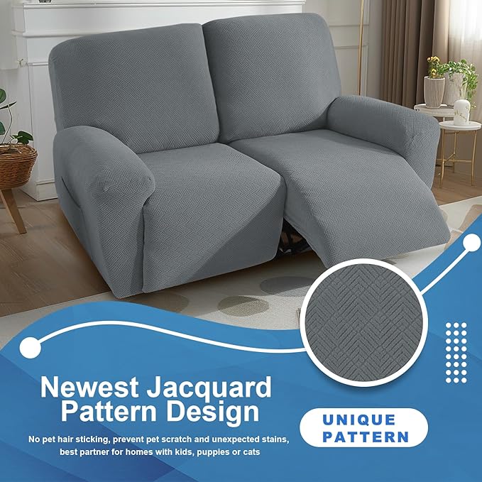 JIVINER 4 Pieces Recliner Loveseat Covers Stretch Recliner Sofa Slipcover with Elastic Bottom Jacquard Fitted Reclining Couch Cover Furniture Protector with Pockets (2 Seater, Light Grey)