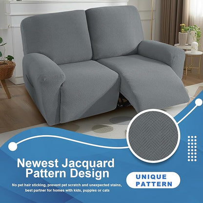 JIVINER 4 Pieces Recliner Loveseat Covers Stretch Recliner Sofa Slipcover with Elastic Bottom Jacquard Fitted Reclining Couch Cover Furniture Protector with Pockets (2 Seater, Light Grey)