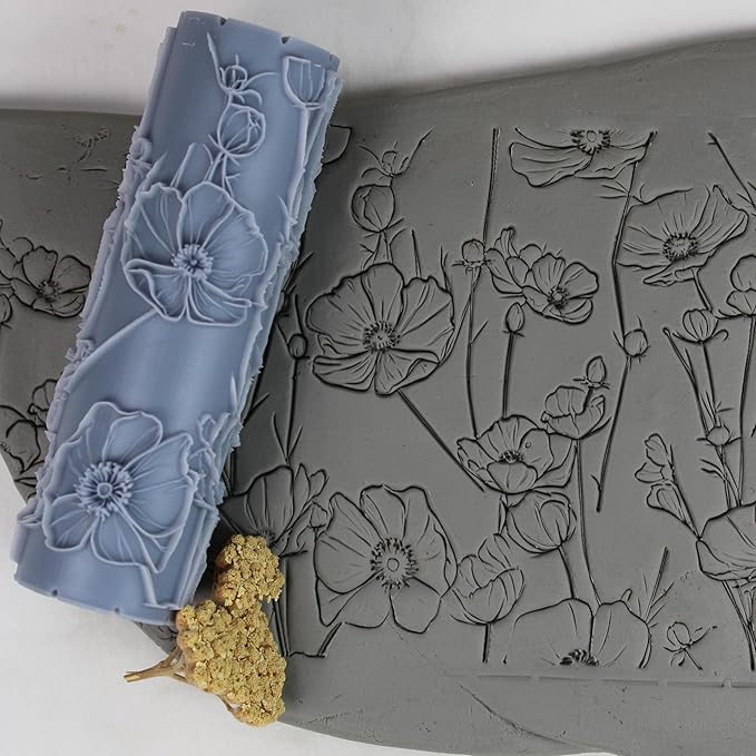 Meadow Bloom Clay Texture Roller (4") - Seamless Meadow Set #01 - Embossing Pattern Roller for Polymer & Ceramic Clay, Pottery & Crafts