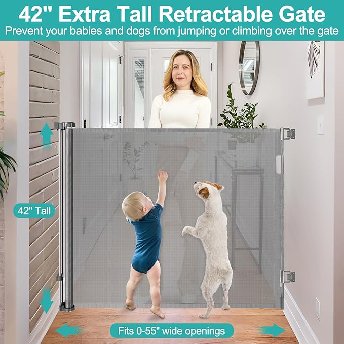 42 Inch Extra Tall Baby Gate for Kids 55" Wide Retractable Baby Gates Extra Tall Retractable Dog Gates for The House Extra Tall Pet Gate Extra Tall Dog Gate Tall Baby Gate for Stair Tall Mesh Dog Gate
