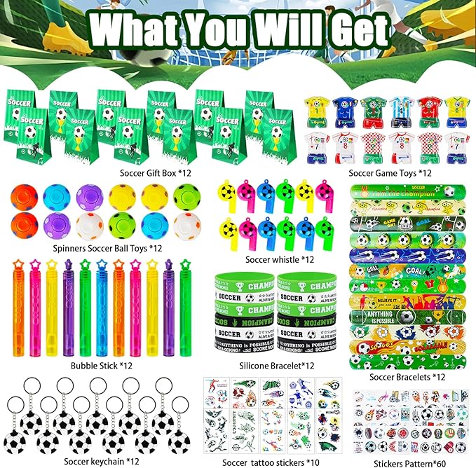 158Pcs Soccer Party Favors for Kids, Soccer Goodie Bag Stuffers Includ Rotatable Finger Stress Toys Whistles Bubble Wands Keychain Sticker for Birthday School Classroom Gifts Reward Prize
