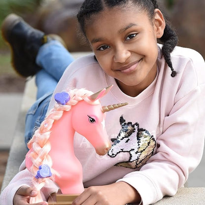 Breyer Horses Beauty Styling Head | Stardust | Pink Extra-Long Silky No Tangle Mane | 10" x 4.25" x 4.25" | Styling Book, Brush, Hair Coils, Clips, Elastics | Unicorn Toy | Model #7405