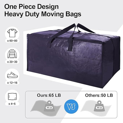 VELVETSURE Heavy Duty Extra Large Moving Bags W/Backpack Straps - Strong Handles & Zippers, Storage Totes For Space Saving, Fold Flat, Alternative to Moving Box and Storage Bin (Set of 6, Blue)