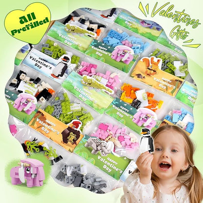 Valentines Day Gifts for Kids - 24 Pack Prefilled Animal Building Blocks with Valentine's Day Cards Sets for School Classroom Class Party Favor, Valentines Crafts Exchange for Boys Girls Teens