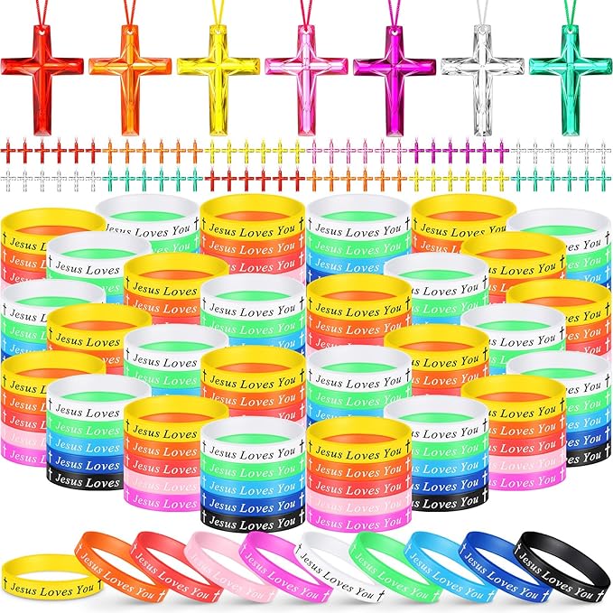 PerKoop 120 Pcs Christian Gifts Include Jesus Loves You Silicone Bracelets and Plastic Cross Necklace for Christian Party Favors