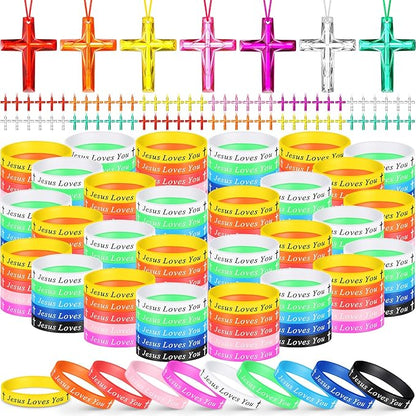 PerKoop 120 Pcs Christian Gifts Include Jesus Loves You Silicone Bracelets and Plastic Cross Necklace for Christian Party Favors