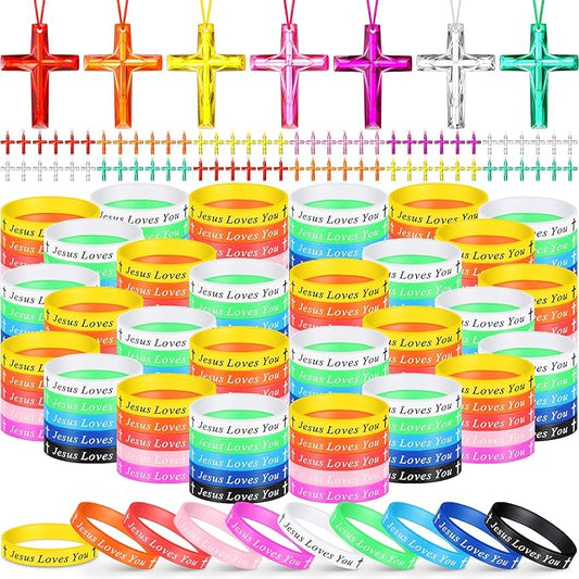 PerKoop 120 Pcs Christian Gifts Include Jesus Loves You Silicone Bracelets and Plastic Cross Necklace for Christian Party Favors