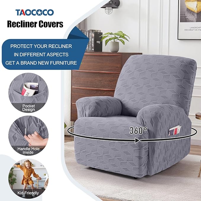 TAOCOCO Oversized Recliner Cover Stretch Recliner Chair Covers, Jacquard Reclining Chair Cover, Furniture Protector Sofa Slipcovers Couch Covers with Elastic Bottom for Kids, Pets (Light Grey)