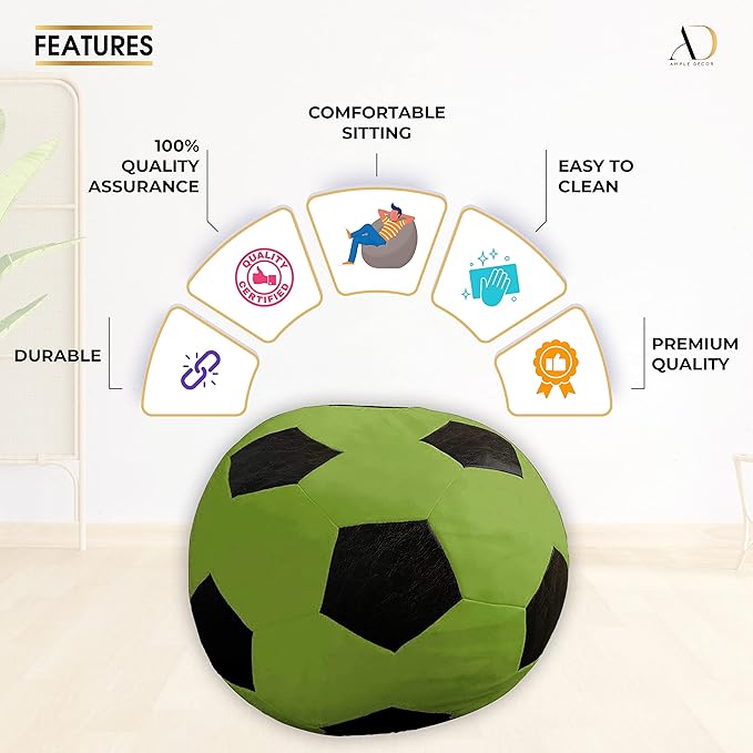 Ample Decor Soccer Bean Bag Cover (Filler Not Included), Leatherette Durable Double Stitched Material Sturdy Zippers, Ideal for Children and Teenagers - Green and Black
