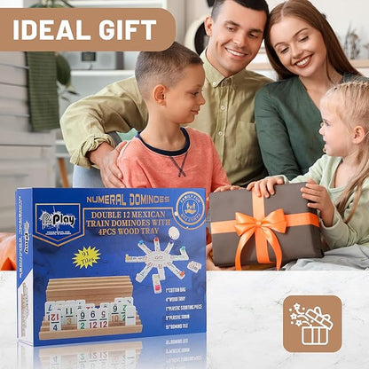 Mexican Train Dominoes Set with Numbers - Double 12 Colored Number Dominoes - Includes 91 Tiles with 9 Trains, 4 Wooden Trays and Storage Bag for 2-8 Players Ages 8+