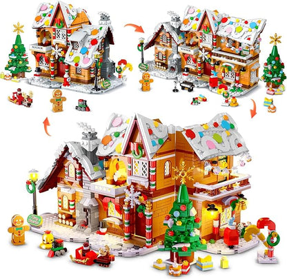 3 Style Christmas Gingerbread House Building Set with LED Light - 2024 Snowscape Village House Building Block Toy with Santa Claus Xmas Tree Train Gifts for Adults Kids Girls Boys Ages 8+ (1397 PCS)