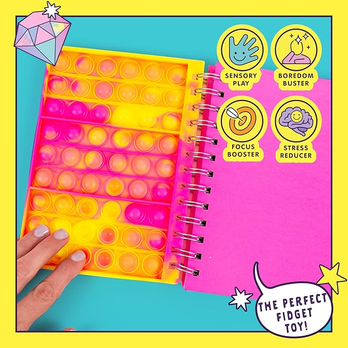 Just My Style Fidgiwear Pink Push & Pop Journal by Horizon Group USA, Poppable Fidget Toy Spiral-Bound Journal, Includes Never-Ending Poppable Fidget Toy Cover & 80 Pages, Pop Fidget Sensory Notebook