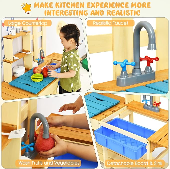 HONEY JOY Kids Mud Kitchen Playset, Indoor Outdoor Wooden Pretend Play Toy Kitchen with Removable Sink, Simulated Faucet, Mud Kitchen for Kids Outdoor, Gift for Boys Girls 3+
