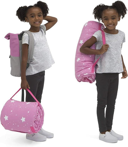 Delta Children Nap Mat - Includes Pillow & Blanket for Toddlers and Kids; Features Carry Handle w/Strap Closure and Name Tag; Rollup Design is Ideal for Preschool and Daycare; Personalization Optional